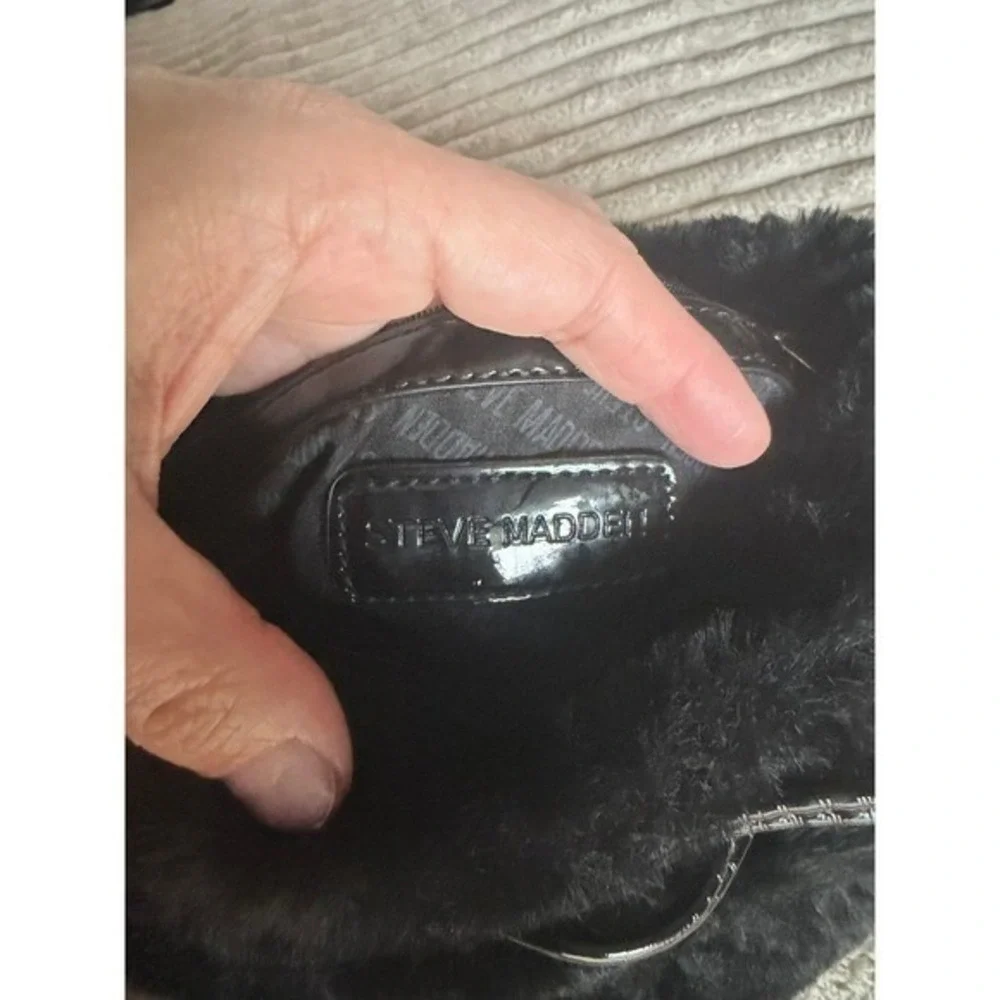 Steve‎ Madden Black Faux Fur Mini Backpack Patent Trim Fuzzy Bag Y2K Small